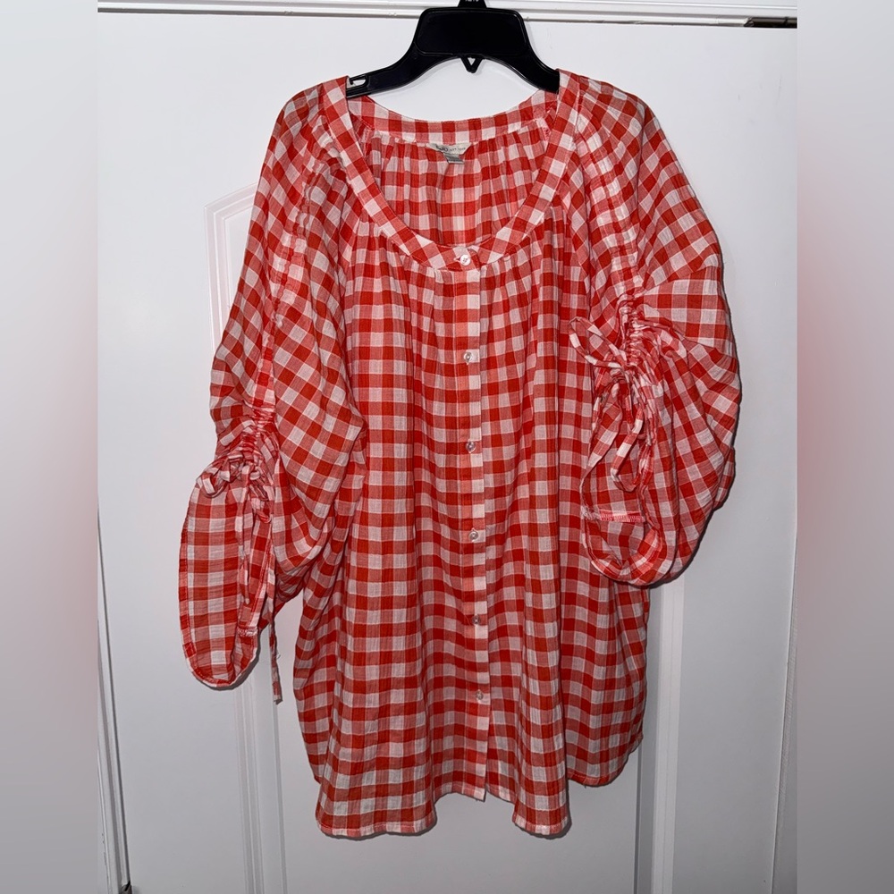 Cato orange and white gingham print top with ruched sleeves EUC - Picture 2 of 8